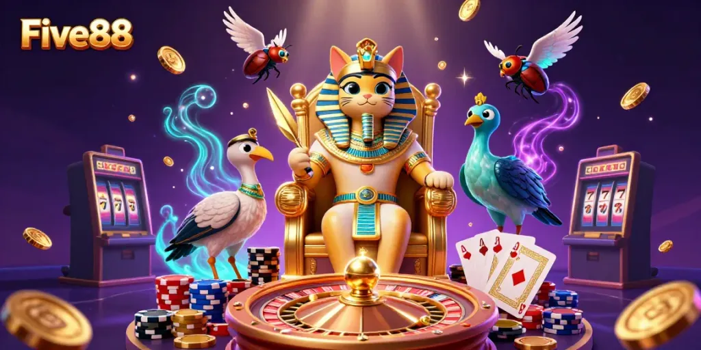 Experience the vibrant Five88 casino atmosphere with a pharaoh and ibis surrounded by rich gaming elements.