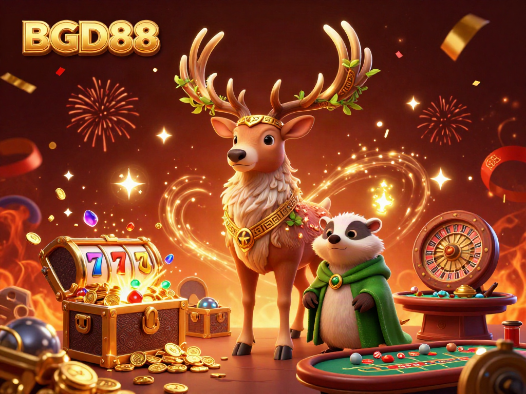 Experience thrilling gaming action at BGD88 with druid stag, badger, and cheerful casino lights.