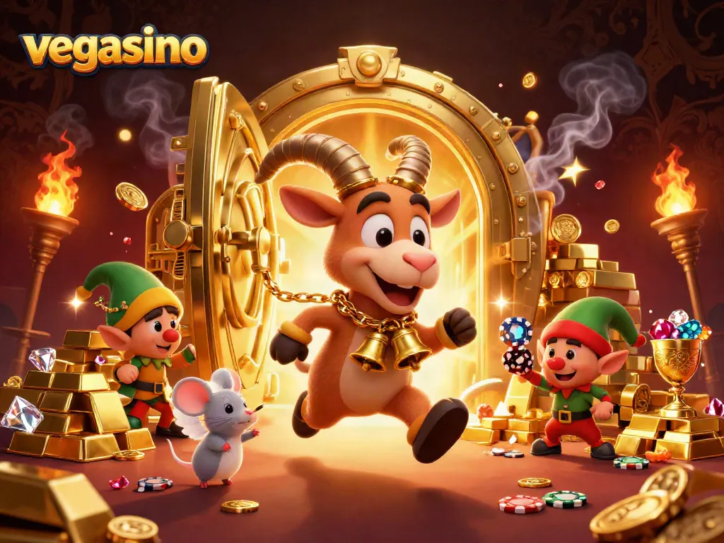 Experience the thrill of vegasino with a lively casino scene featuring a Krampus goat and mischievous characters.