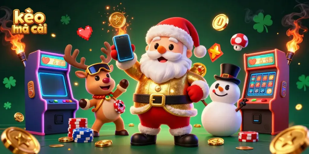 Engage in the excitement of kèo nhà cái with Santa and friends celebrating in a vibrant casino scene.