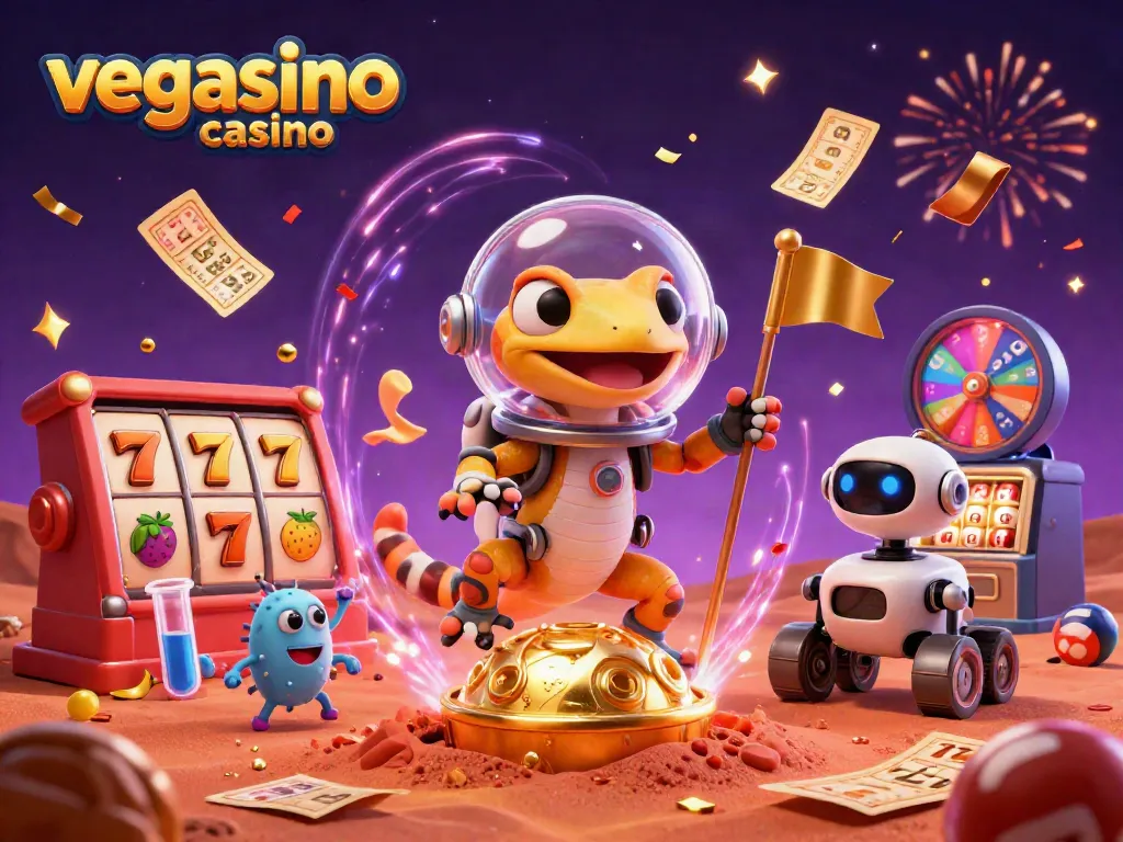 Experience the thrill of vegasino casino as a Martian gecko discovers a golden casino amidst vibrant gaming elements.