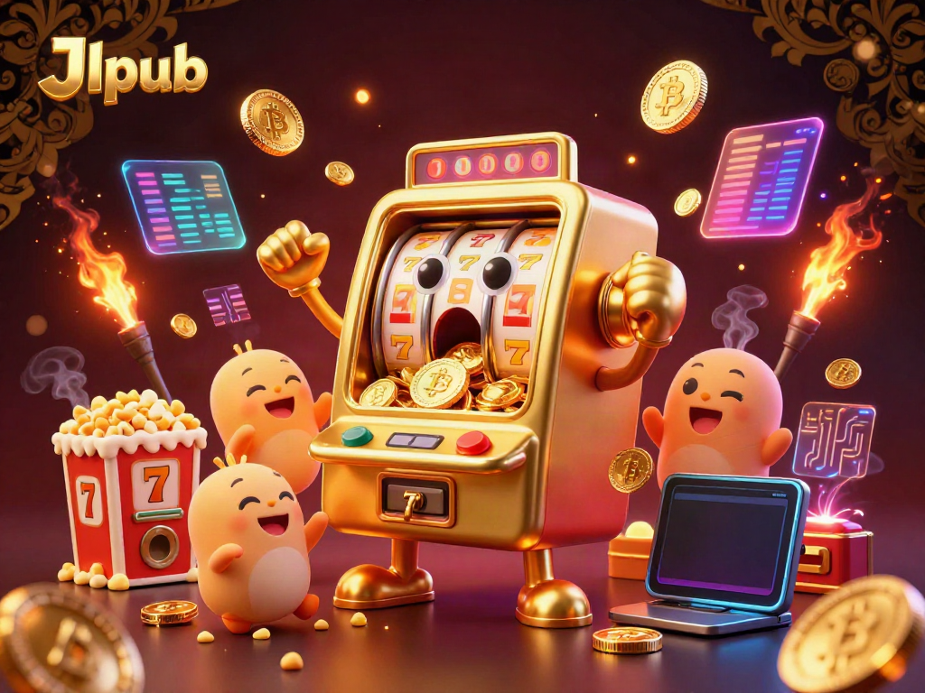 Experience the thrills of Jlpub with a cartoon slot machine hitting a jackpot in a vibrant casino setting.