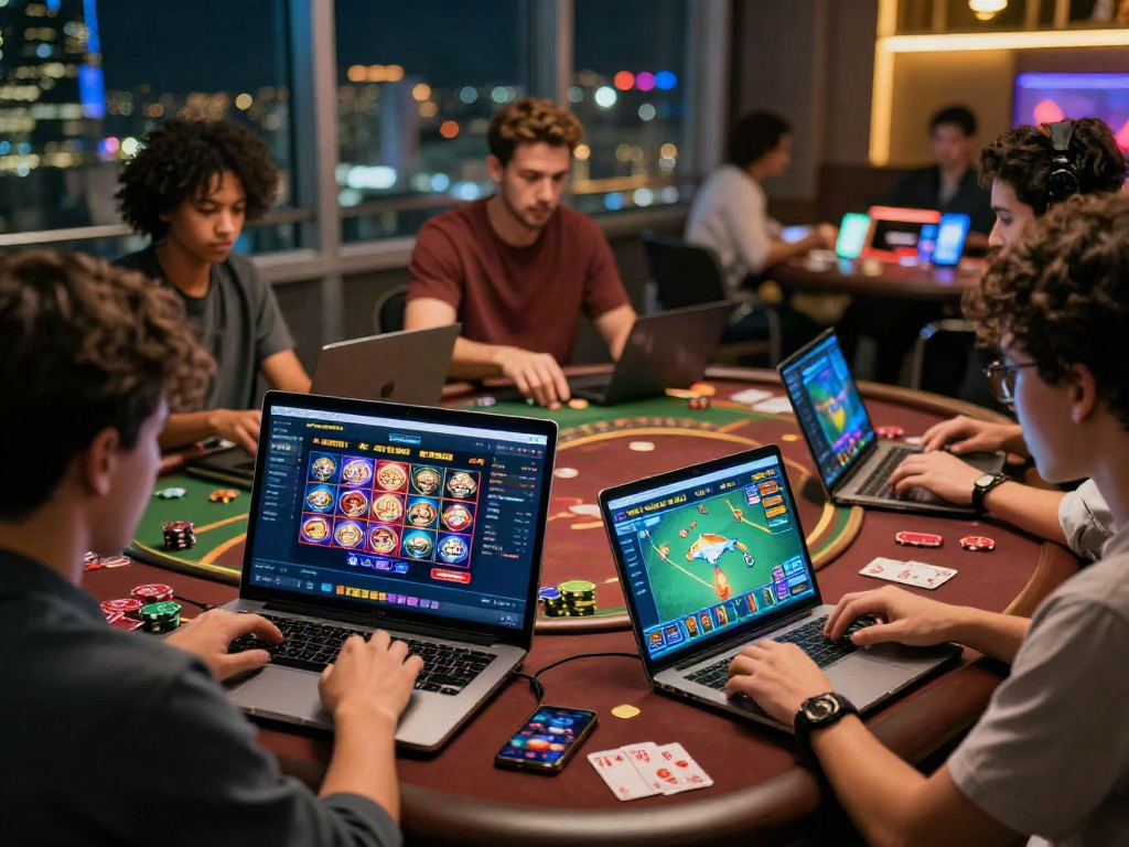 Engaging online gambling atmosphere on https://uk88.ad/ with diverse players at laptops showcasing gaming excitement.