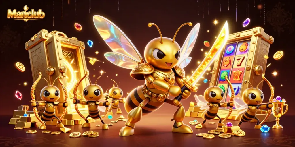 Experience thrilling slots with Manclub's dynamic 3D fantasy casino illustration showcasing a golden hornet and vibrant treasures.