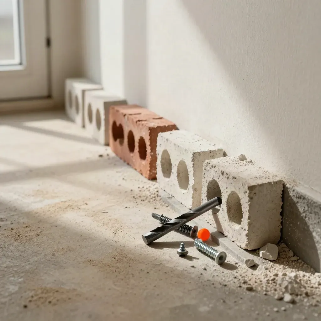 Dübel, Bohrer und Mauerproben auf einer Betonkante im kalten Kellereingang mit Staub im Licht
