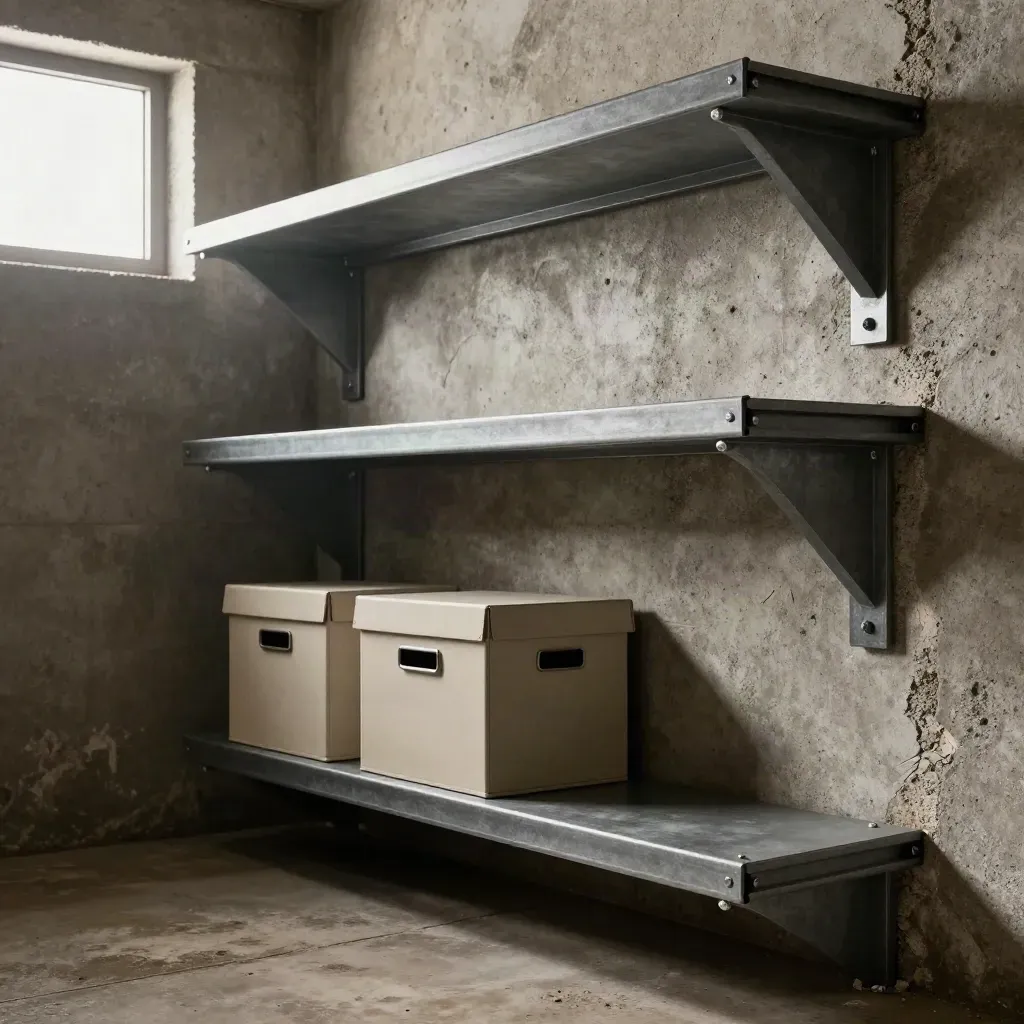 Kellerwand mit Schwerlastwinkeln, Dübeln und zwei Aufbewahrungsboxen im dramatischen Licht