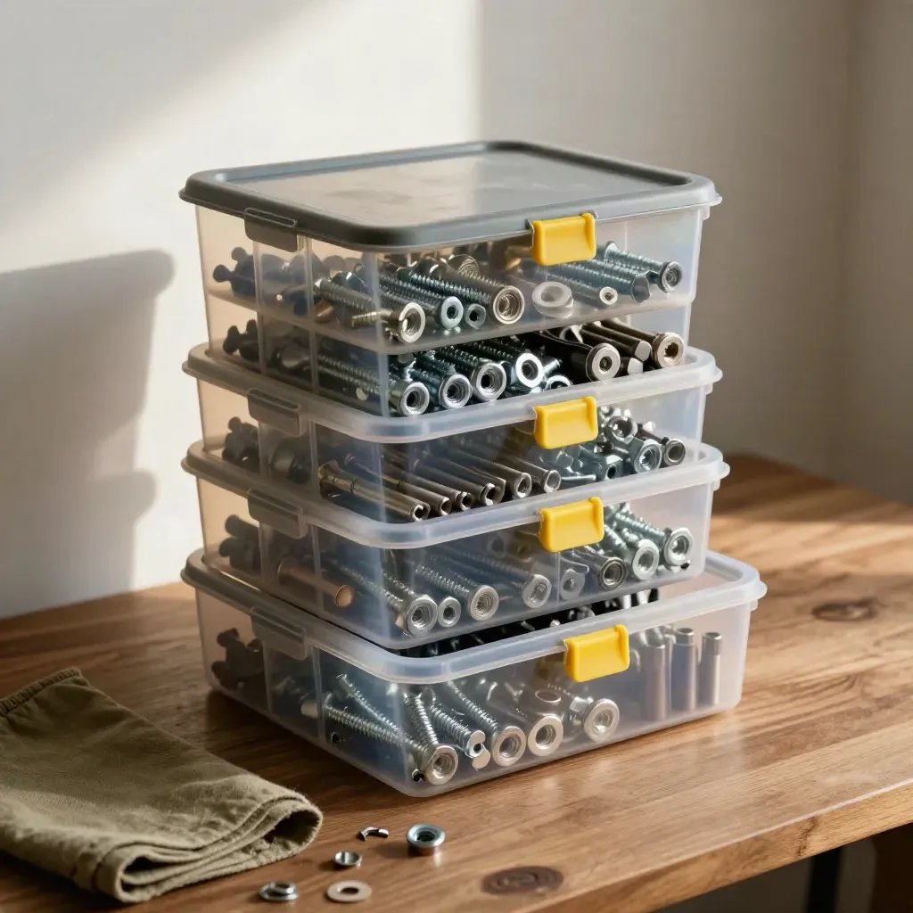 Transparente Sortierboxen mit Schrauben und Bits auf einer Walnussholz-Werkbank