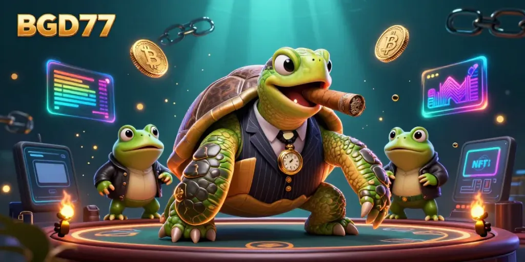 Experience thrilling gameplay with BGD77 in this vibrant 3D casino illustration featuring unique characters and digital elements.