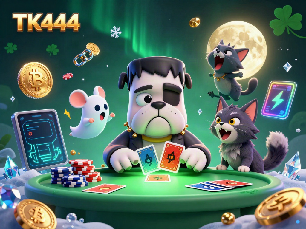 Engage with the thrilling TK444 online gaming scene, showcasing a Frankenstein bulldog and mystical elements in a casino setting.