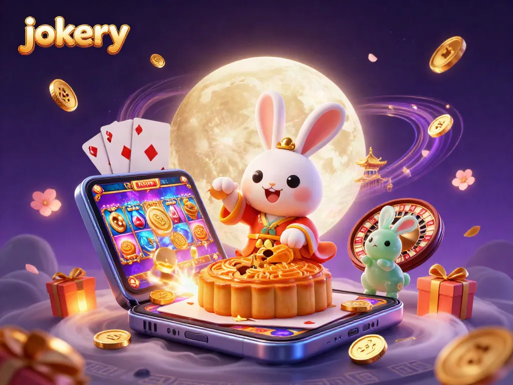 Play at Jokery Casino featuring a moon rabbit and dynamic gaming elements like poker chips and slot games.