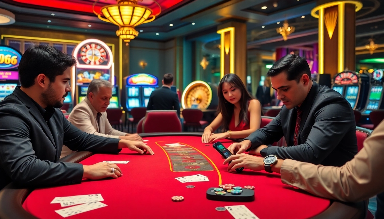 Excited players engage with MV88 online casino on a richly decorated gambling table.