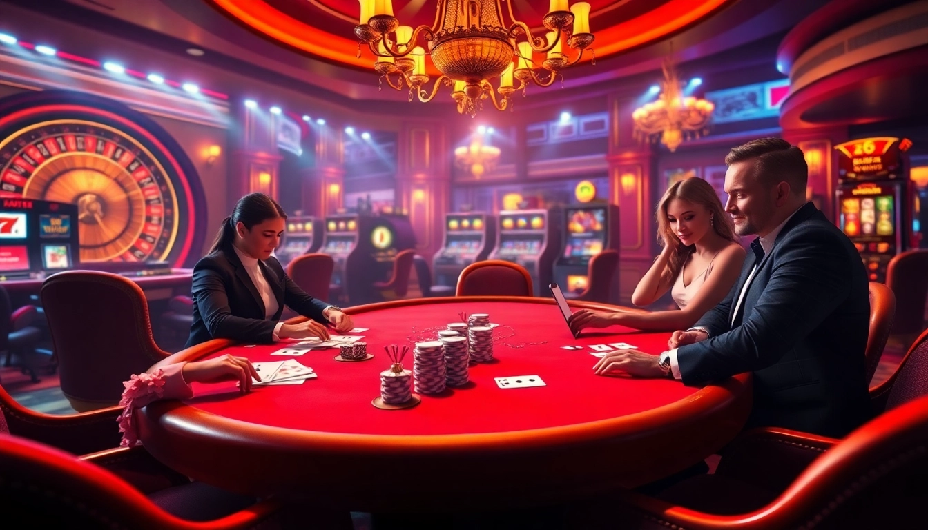 Exciting poker game scene at https://gk88.city/ with luxurious décor and professional players.